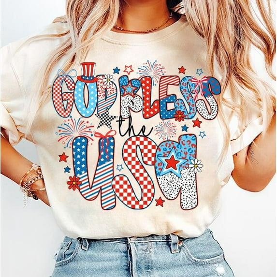 God Bless the USA Shirt, Coquette Fourth of July T-Shirt with American Flag, Preppy Patriotic Memorial Day Tee, Girly 4th of July Graphic Shirt