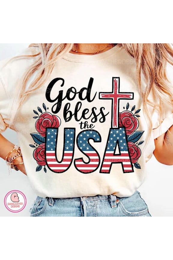 God Bless the USA T-Shirt, Christian 4th of July Tee with Cross and Bible Verse, Patriotic Floral America Flag Shirt, Faith Freedom Tee