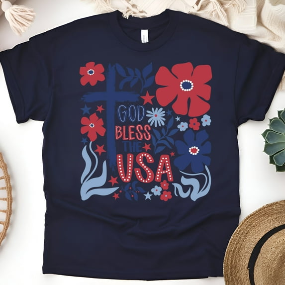 God Bless the USA T-Shirt | Christian Patriotic Floral Cross Graphic Tee, Navy, Size S