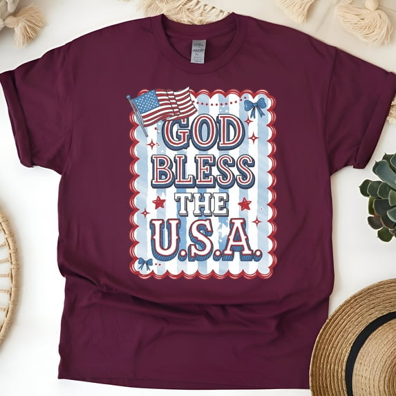 God Bless the USA T-Shirt – Patriotic American Flag Graphic Tee, Maroon, Size 5XL