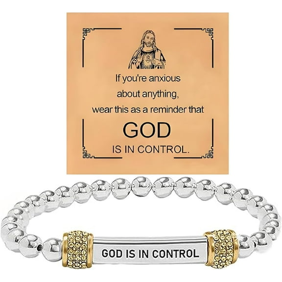 God Is in Control Bracelet For Women, Dainty Diamond Beaded Stretch Bracelet Religious Inspirational Bible Verse Engraved Stainless Steel Tube Christian Faith Self Worth Motivational Jewelry Gifts