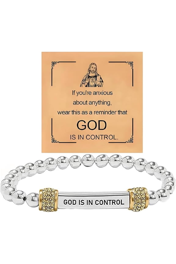 God Is in Control Bracelet For Women, Dainty Diamond Beaded Stretch Bracelet Religious Inspirational Bible Verse Engraved Stainless Steel Tube Christian Faith Self Worth Motivational Jewelry Gifts