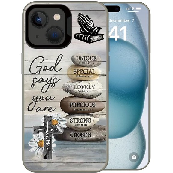 God Cross Wood Grain Phone Case Compatible with iPhone 15 Case | Bible God Quotes Flower Designs Shockproof Non-Drop Protective Cover