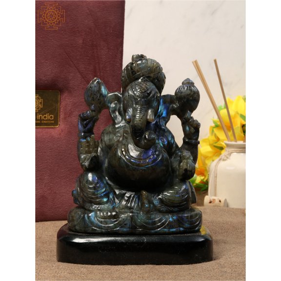 God Ganesha Labradorite Gemstone Statue | Black Agate Base With Gift Box