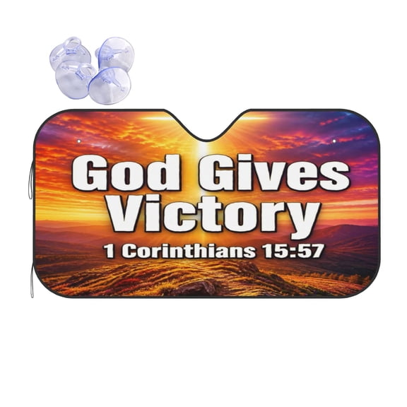 God Gives Victory 1 Corinthians 15 Cross Foldable Car Windshield Sun Shade, UV Protection Heat Shield