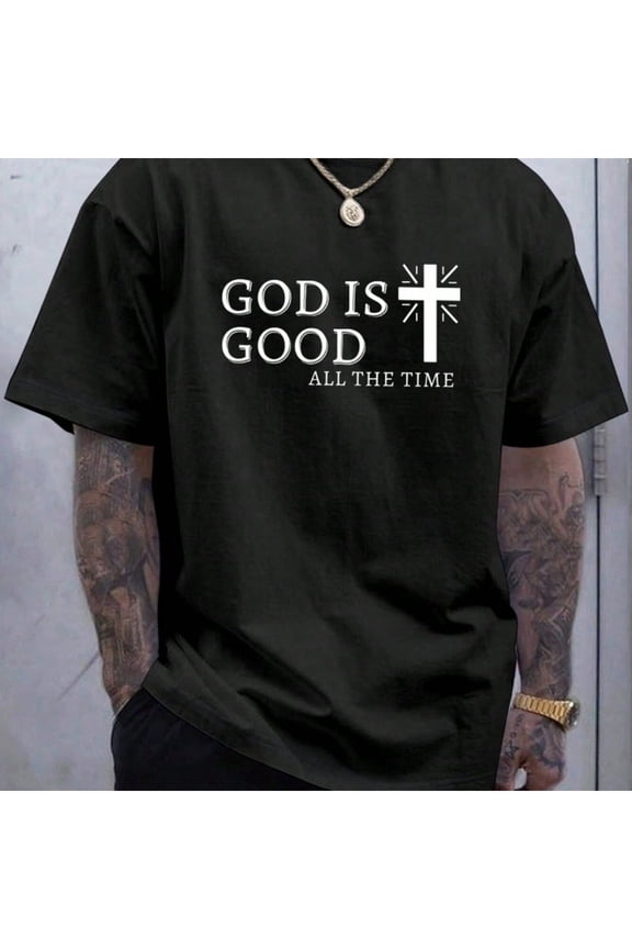 [God is Good Tee] Black Cotton Men's Graphic Tee - Casual 'God is Good' T-Shirt with Cross Print, Round Neck, Short Sleeves - Breathable & Comfortable for All Seasons, Outdoor Clothing