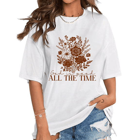 God is Good All The Time & Flower Graphic Tees Christian Biblical Saying Religious Print T-shirts Casual Short Sleeve Tops for Daily Outfits White,5XL