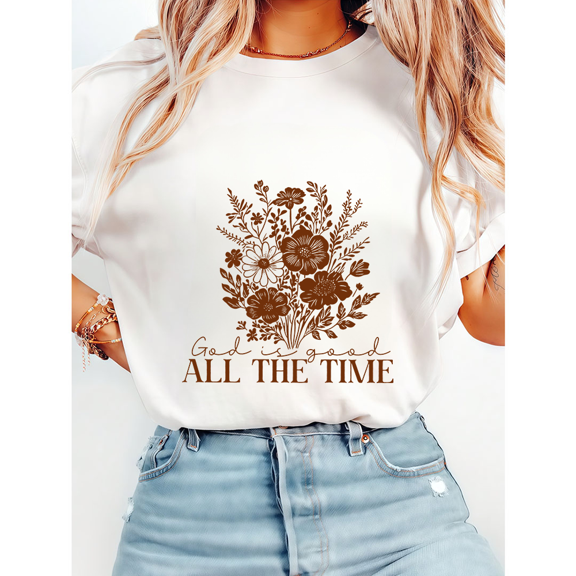 God Is Good All The Time Lettering Print Tshirts for Women Flower Religious Graphic Tees Faith Inspirational Shirts Short Sleeve Casual Tops for Daily Outfits White,XL