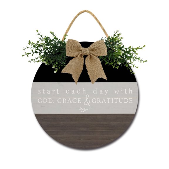 God Grace & Grandkids Door Sign Home Decor Round Wood Wreaths Wall Hanging Sign Farmhouse Porch Sign Front Door Decoration for Housewarming Gift All Seasons Holiday,12In