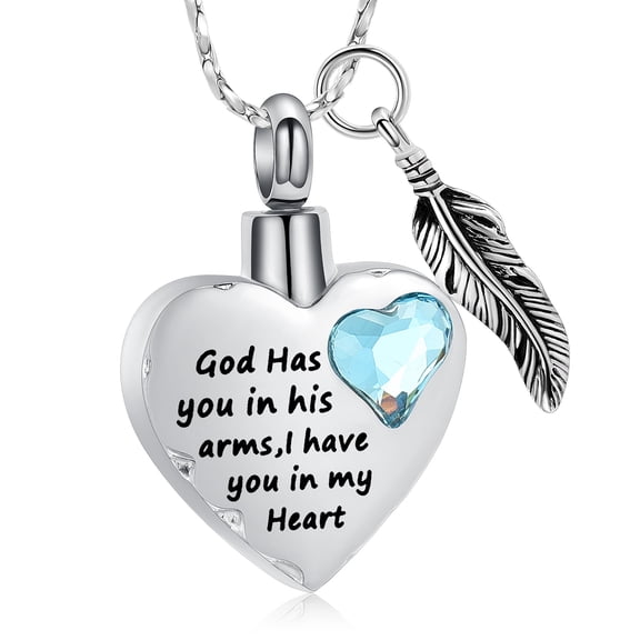 God Has You In His Arms, I Have You In My Heart - Heart Urn Necklace for Ashes with Simulated Birthstone Cremation Necklace for Human / Pet Ashes Necklace