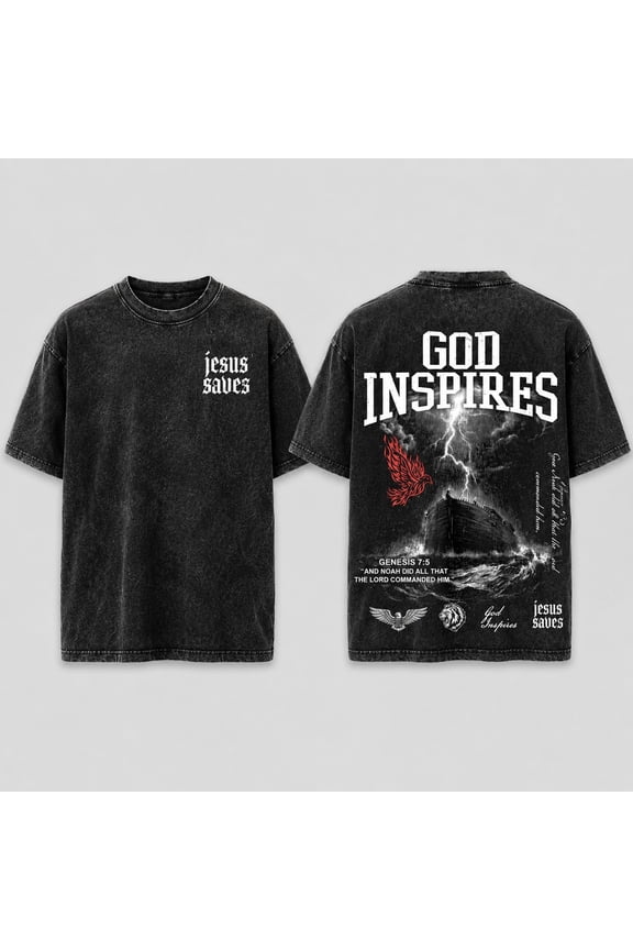 God Inspires Noah's Ark Jesus Saves Christian Mineral Wash T-Shirt, Double Sided Unisex Faith Graphic Tee, Vintage Religious Streetwear Gift