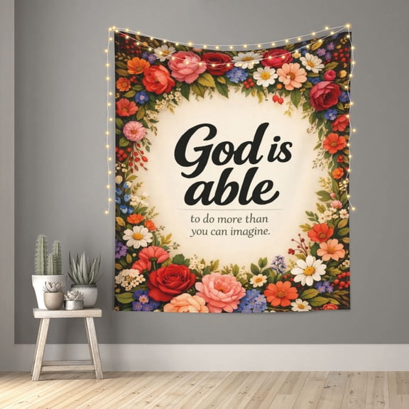 God Is Able Floral Quote Tapestry Indian Wall Hanging Tapestries Room Decor for Bedroom Living Room Dorm 60X50inch