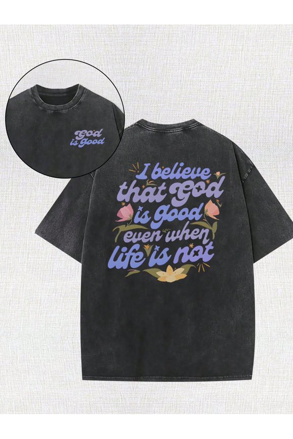 God Is Beautiful, Blue Quotation Printing, Men's Retro Washed T-Shirt, Simple And Versatile, Street Fashion, Novel Style, Cotton Round Neck T-Shirt.