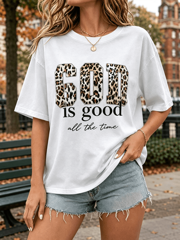 God Is Good All The Time Leopard Print Graphic T‑Shirt, Christian Faith Casual Women Short Sleeve Tee