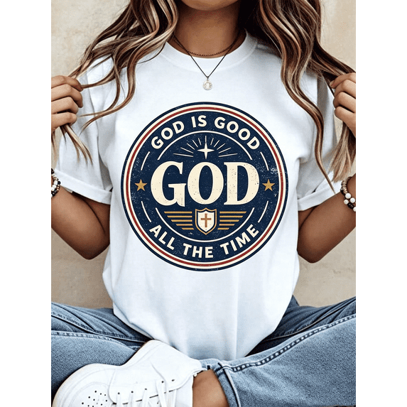 “God Is Good All The Time” Vintage Cross Circle T-Shirt – Christian Faith Graphic Tee for Women, Casual Religious Top