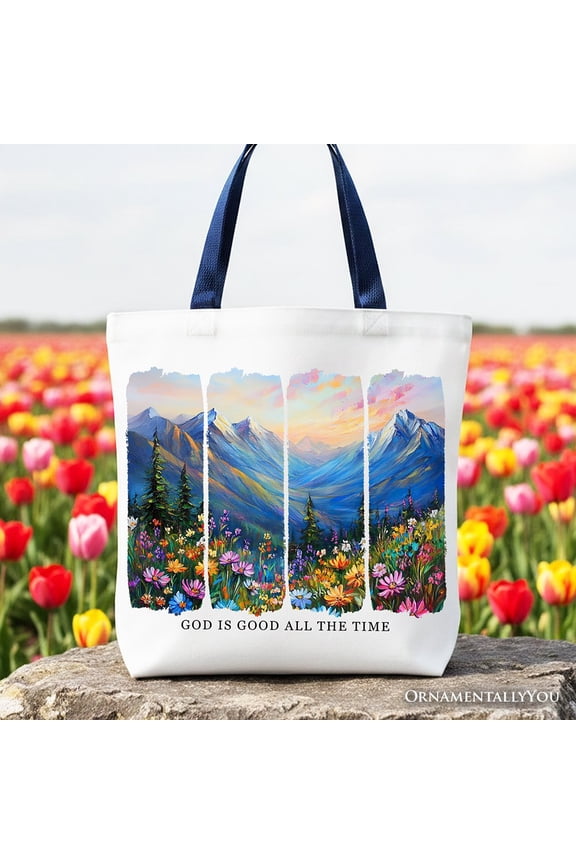 God Is Good All the Time Mountain Christian Canvas Tote Bag, Wildflower Brushstroke Bible Verse Faith Gift Shopper