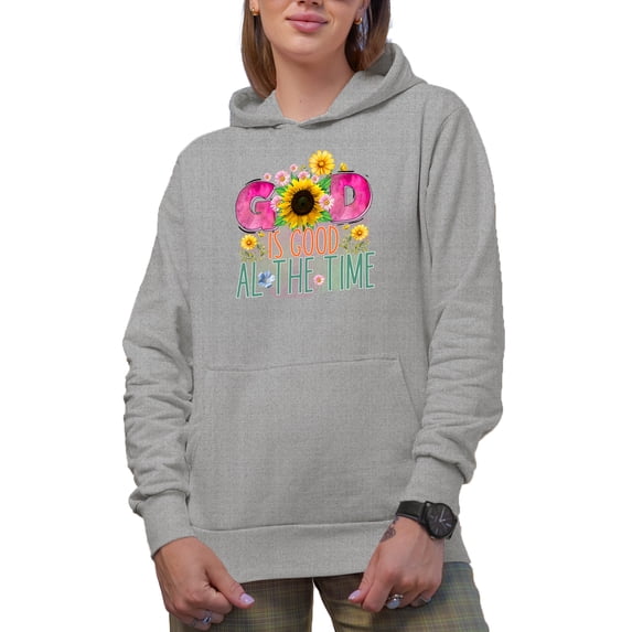 God Is Good All the Time Quote with Sunflower & Other Flowers Art Merch Gift, Heather Grey Hooded Sweatshirt or Hoodie, Medium