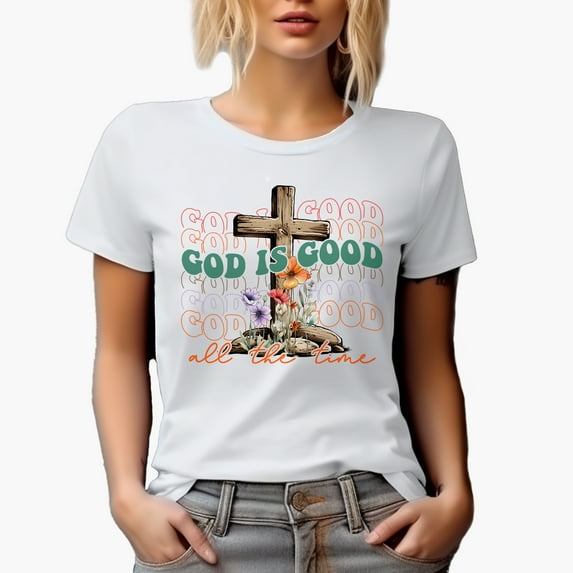 God Is Good All the Time Wavy Text & Cross Art Merch Gift, White T-Shirt, Large
