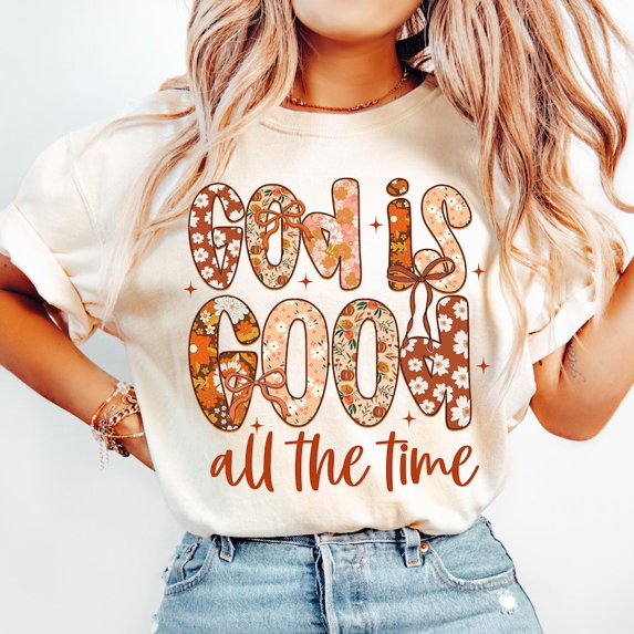 God Is Good Christian Fall T-Shirt, Floral Bible Verse Design, Autumn Jesus Coquette, Fall Vibes Sublimation Shirt