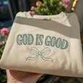 thumbnail image 1 of God Is Good Embroidered Sweatshirt, Cute Bow Embroidered Crewneck, Christian Faith Sweatshirt, Religious Praise Shirt,Minimalist Bible Verse, 1 of 4