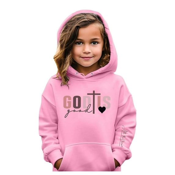 "God Is Good Letter Print Black Hoodie for Girls - Cross Design, Soft Fabric for Daily Use"