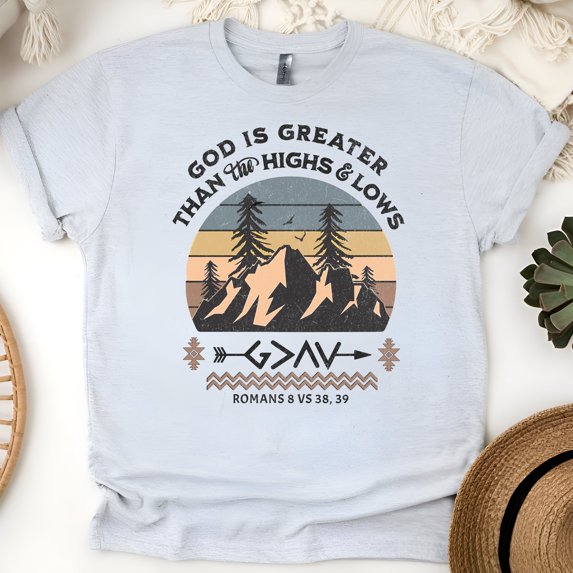 God Is Greater Than The Highs & Lows T-Shirt – Romans 8:38-39 Mountain Sunset, Ash, Size S