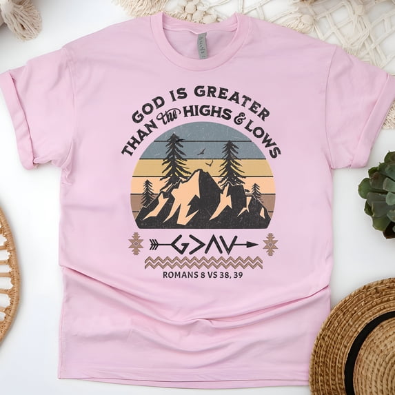 God Is Greater Than The Highs & Lows T-Shirt – Romans 8:38-39 Mountain Sunset, Light Pink, Size S