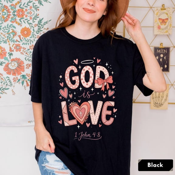 God Is Love Christian Valentine Coquette Faith Heart Back Print Shirt Unisex Cotton T-Shirt, Sizes S-5XL