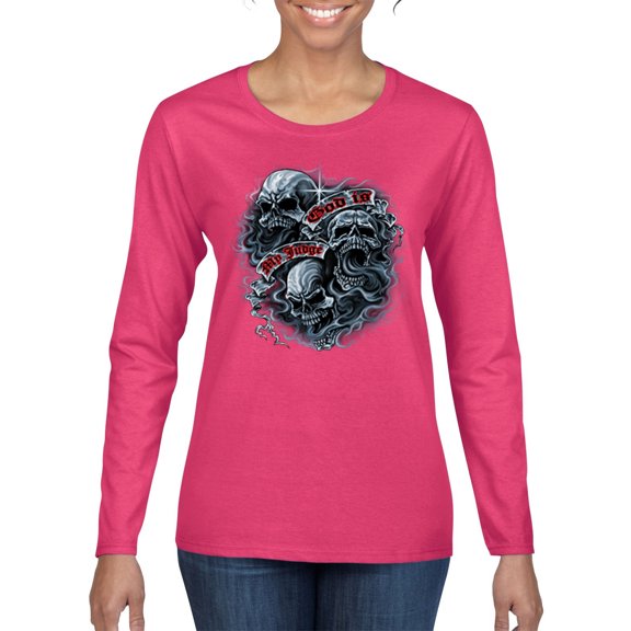 God Is My Judge Smokey Gray Skull Dark Pop Culture Womens Graphic Long Sleeve T-Shirt, Fuschia, 2XL