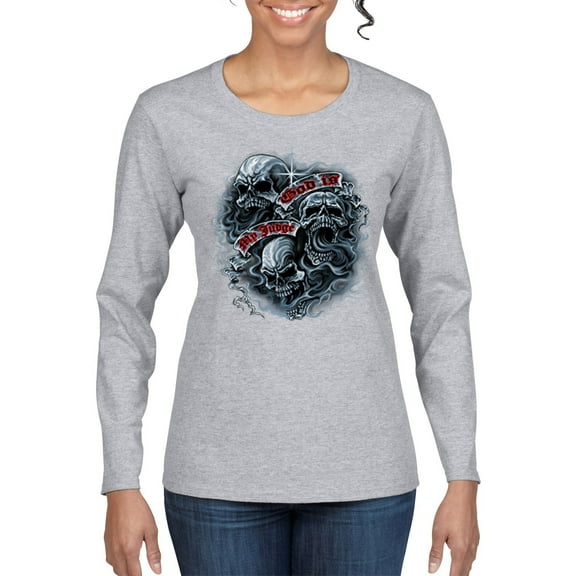 God Is My Judge Smokey Gray Skull Dark Pop Culture Womens Graphic Long Sleeve T-Shirt, Heather Grey, Medium