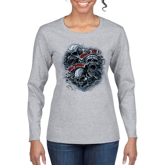 God Is My Judge Smokey Gray Skull Dark Pop Culture Womens Graphic Long Sleeve T-Shirt, Heather Grey, Medium