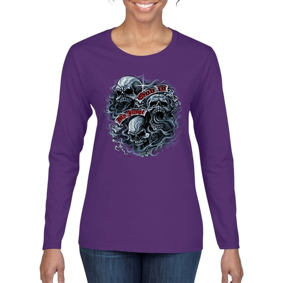 God Is My Judge Smokey Gray Skull Dark Pop Culture Womens Graphic Long Sleeve T-Shirt, Purple, Large