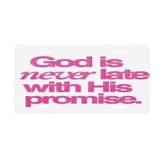 God Is Never Late With His Promise License Plate, Front Car Plate with 4 Holes 6 x 12 Inch