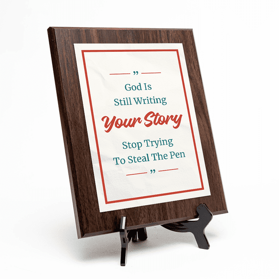 God Is Still Writing Your Story Stop Trying To Steal The Pen, Wooden Frame 9x12 Decorative Wall Plaque With Easel Acrylic Stand | Religious Plaques