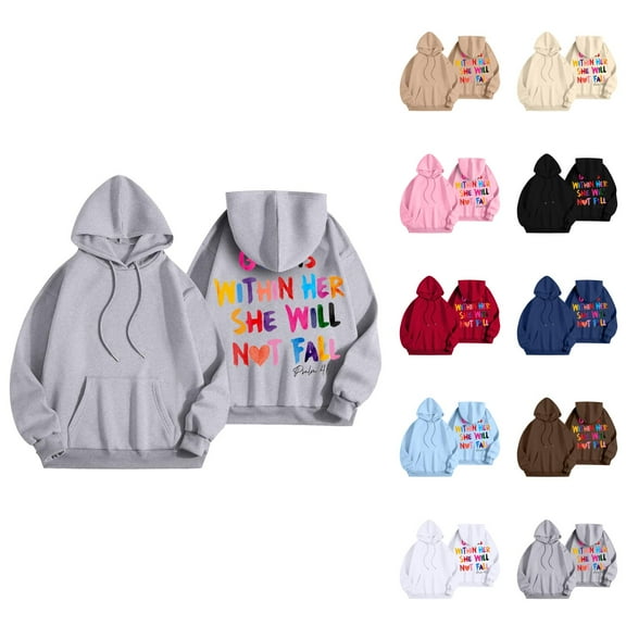 God Is Within Her She Will Never Fall Hoodies for Women 2025 Cute Christian Hoodie Hooded Sweatshirt Women Pullover