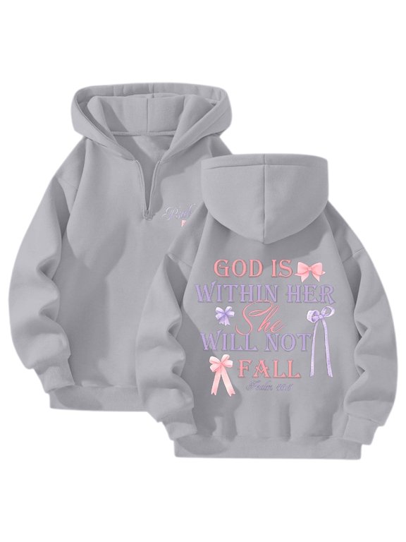God Is Within Her She Will Not Fall Christian Hoodie For Women Bible Verse Half Zip Sweatshirt Preppy Teens Tops, Size XL