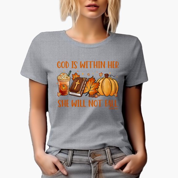 God Is Within Her, She Will Not Fall, Psalm 46 5 Scripture & Autumn Art Merch Gift, Heather Grey T-Shirt, Large