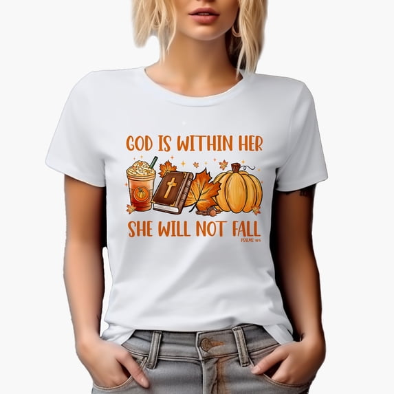 God Is Within Her, She Will Not Fall, Psalm 46 5 Scripture & Autumn Art Merch Gift, White T-Shirt, XL