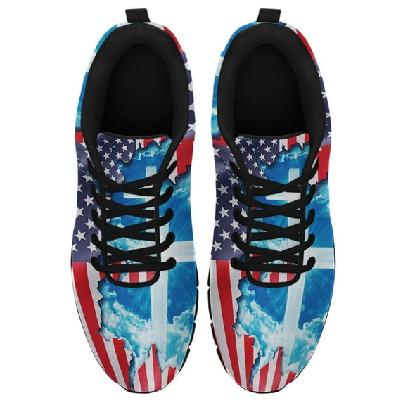 God Jesus Christian Cross American Flag Running Shoes Sneakers Mesh Black Size 4