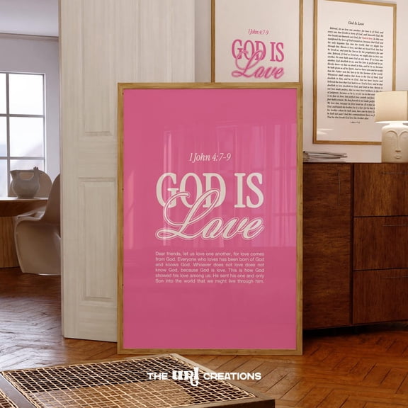 God Is Love Preppy Pink Christian Wall Art, Retro Bible Verse Poster, Trendy Scripture Wall Art, Pink Coquette Room Decor Wall Art, Modern Wall Decor, 8x12 UNFRAMED