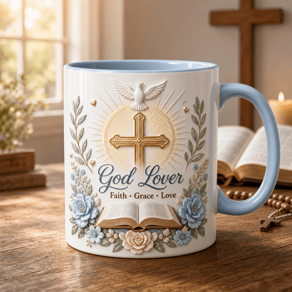Personalized God Lover Ceramic Coffee Mug Christian Faith Cross Dove Floral Gift 11oz 15oz