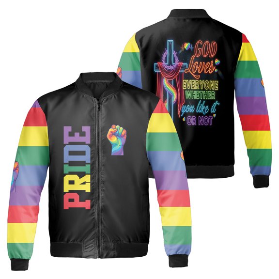 God Loves Everyone Whether You Like It Or Not Pride Bomber Jacket, Rainbow Cross and Fist Graphic, LGBT Pride Month Black Zip Up Jacket