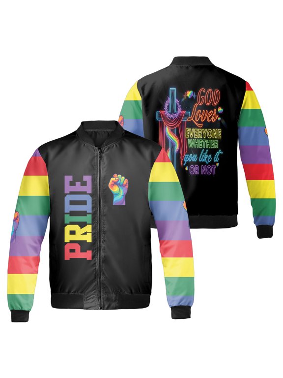 God Loves Everyone Whether You Like It Or Not Pride Bomber Jacket, Rainbow Cross and Fist Graphic, LGBT Pride Month Black Zip Up Jacket