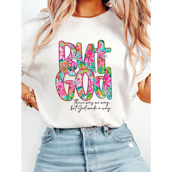 God Made A Way Divine Breakthrough Print Tshirts Inspirational Quote Faith Graphic Tees Classic Short Sleeve Floral Shirts Crew Neck Casual Tops White,L