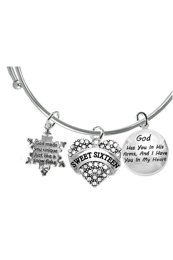 God Made You Unique, Austrian Crystal Sweet Sixteen, God Has You In His Arms,I Have You In My Heart Charms, Adjustable Miracle Wire Bracelet Fits Everyone.  What A Great Gift For Someone You Love.