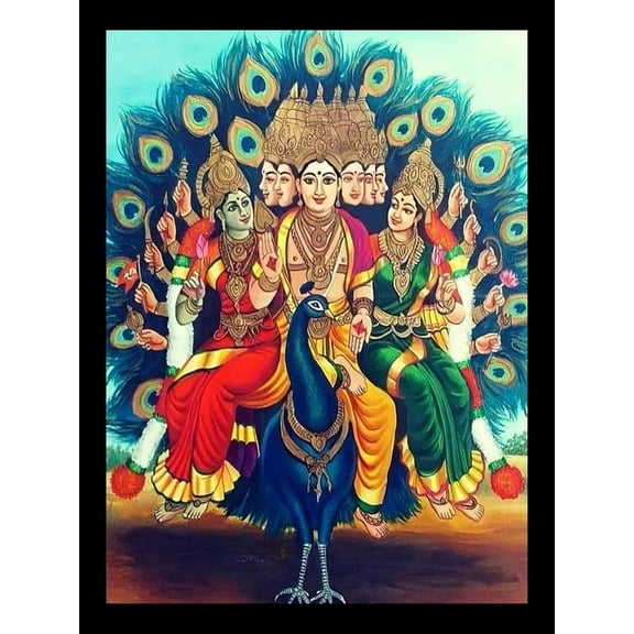 God Murugan with Valli Deivanai, Six face Muruga in Peacock Photo Frame 7 x 9 In