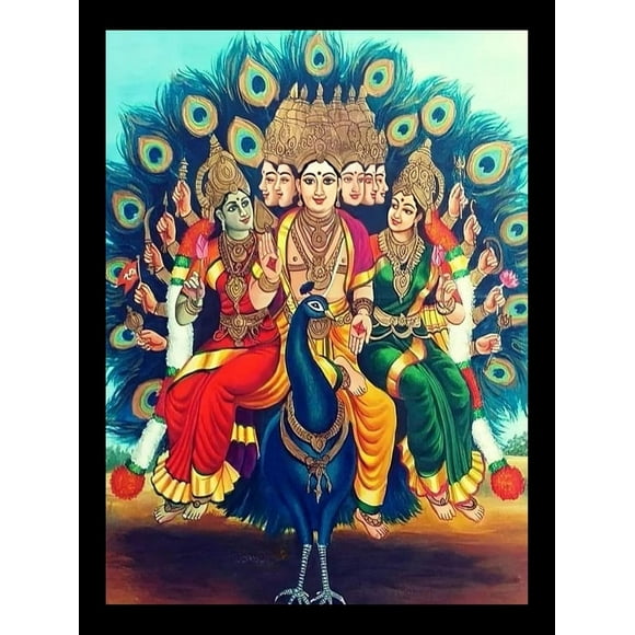 God Murugan with Valli Deivanai, Six face Muruga in Peacock Photo Frame 7 x 9 In