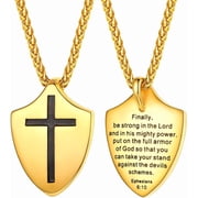 of God Necklace Ephesians 610, with Singapore Chain 22 Inch, 18K Real Gold Plated Stainless Steel Faith Cross Shield Pendant Necklace for Men and Women Send Gift Box