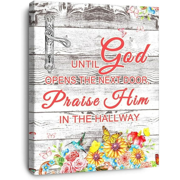 Until God Opens The Next Door Bible Verse Canvas Wall Art,Bible Verse Scripture Canvas Painting Prints for Christian Home Bedroom Office Church Religious Wall Decor