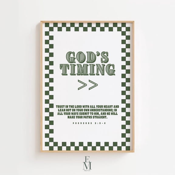 God’S Timing Bible Verse Wall Art L Proverbs 3:5-6 Christian L Green Checkered Scripture Decor L Inspirational Home Decor #206, Stretched Canvas Size 8x12